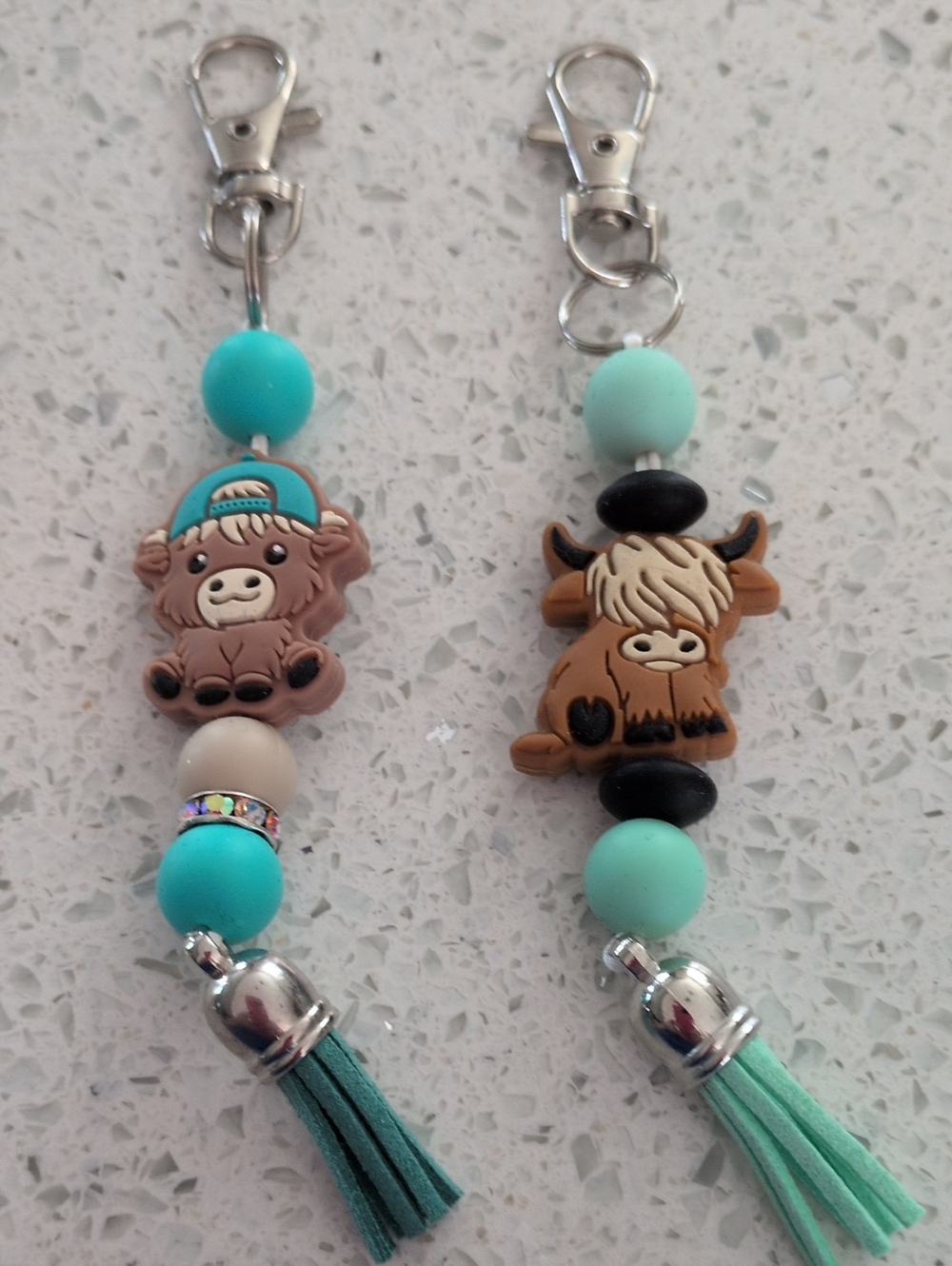 Cute Teal & Mint Tassel Keychain - Highland Cow Design Bundle Of 2